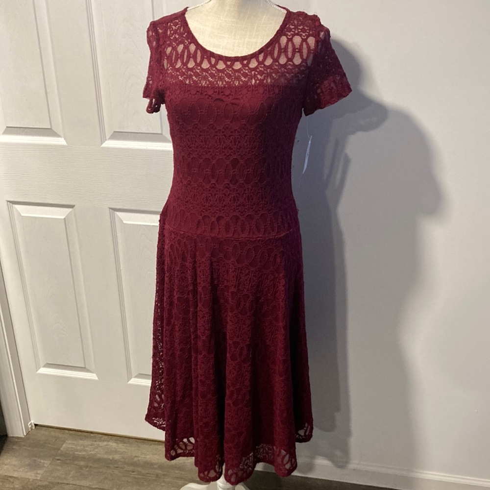 NWT Perceptions wine lined lace dress S
